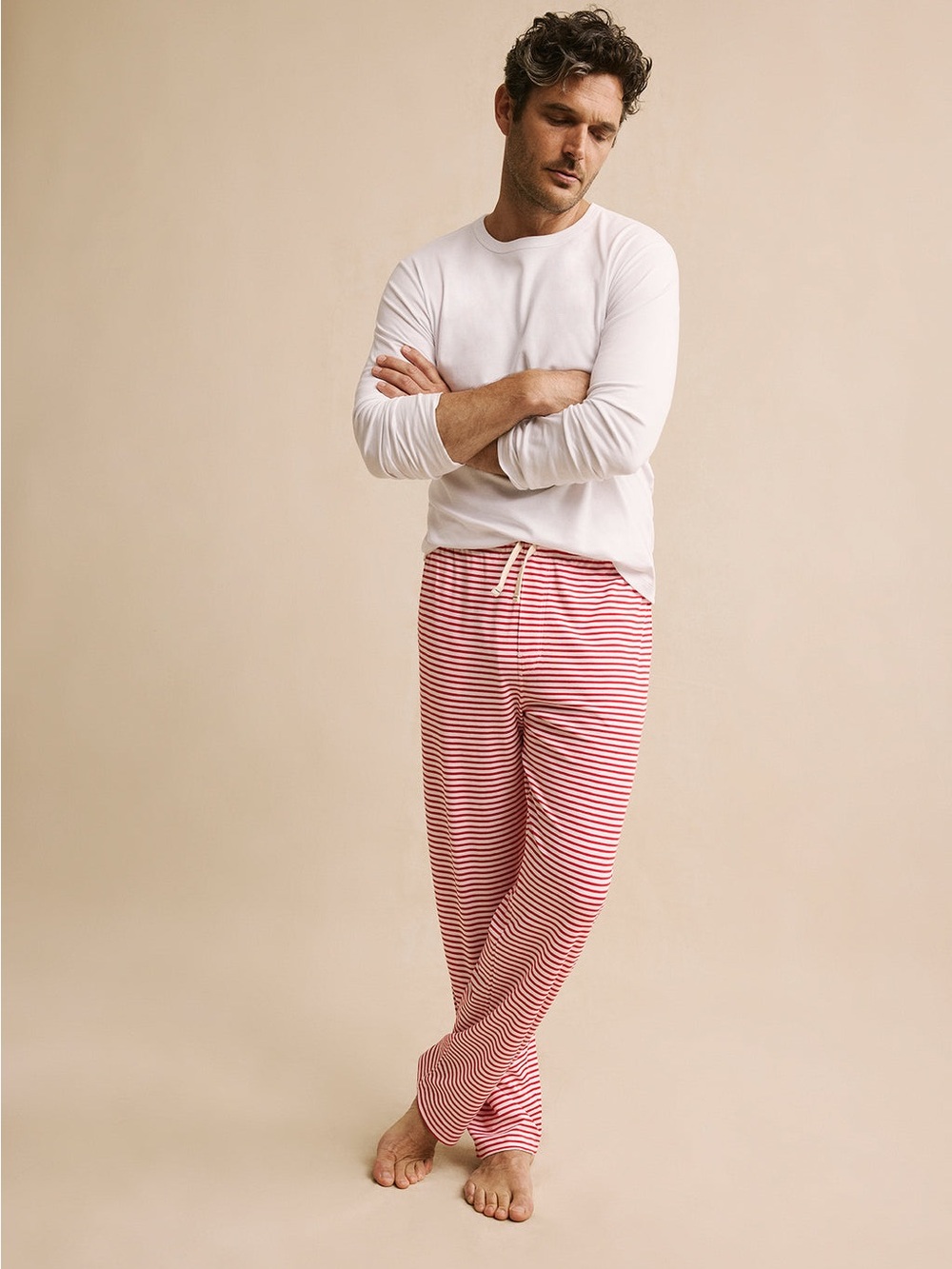 LAKE Men’s Pajama Pants M Red/White Striped Cotton Knit Drawstring Waist